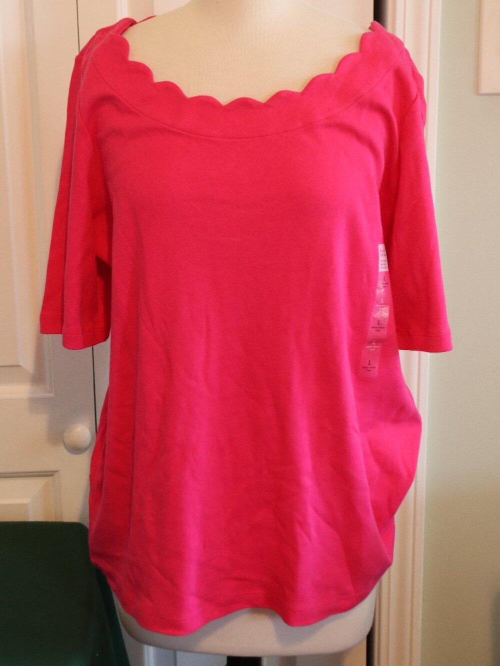 Kim Rogers Perfectly Soft 100% Cotton Short Sleeve Scallop Neck Tee Size Large